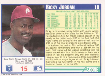 1991 Score #15 Ricky Jordan Back