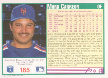 1991 Score #165 Mark Carreon Back