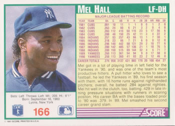 1991 Score #166 Mel Hall Back