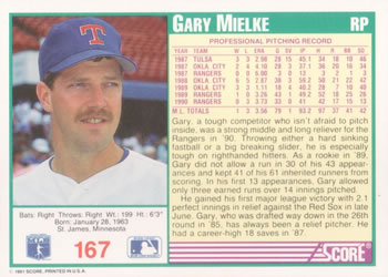 1991 Score #167 Gary Mielke Back