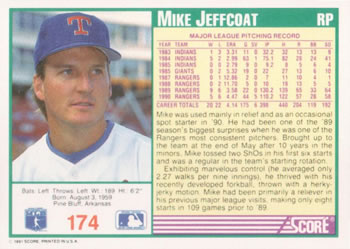1991 Score #174 Mike Jeffcoat Back