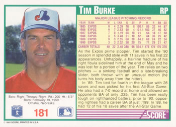 1991 Score #181 Tim Burke Back