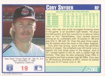 1991 Score #19 Cory Snyder Back