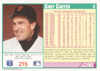 1991 Score #215 Gary Carter Back