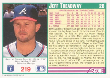 1991 Score #219 Jeff Treadway Back