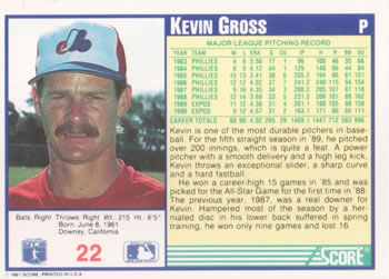 1991 Score #22 Kevin Gross Back
