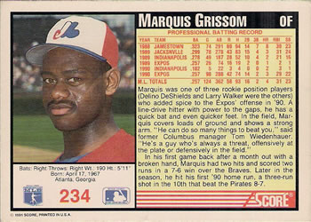 1991 Score #234 Marquis Grissom Back