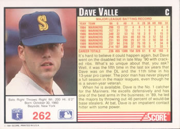 1991 Score #262 Dave Valle Back