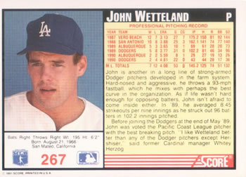 1991 Score #267 John Wetteland Back