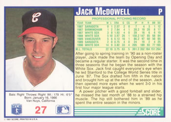 1991 Score #27 Jack McDowell Back