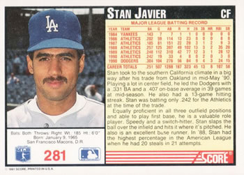 1991 Score #281 Stan Javier Back