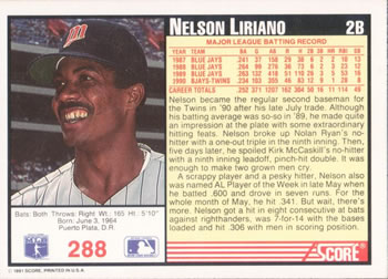 1991 Score #288 Nelson Liriano Back