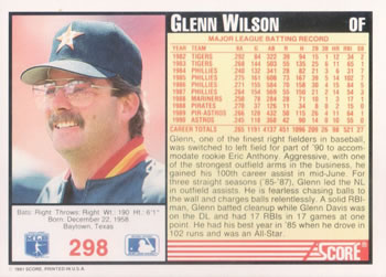 1991 Score #298 Glenn Wilson Back