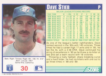 1991 Score #30 Dave Stieb Back