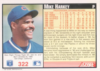 1991 Score #322 Mike Harkey Back