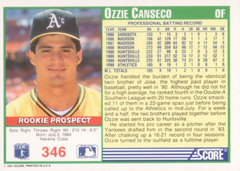 1991 Score #346 Ozzie Canseco Back