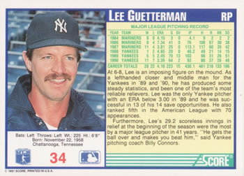 1991 Score #34 Lee Guetterman Back
