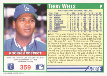 1991 Score #359 Terry Wells Back