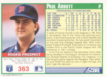 1991 Score #363 Paul Abbott Back