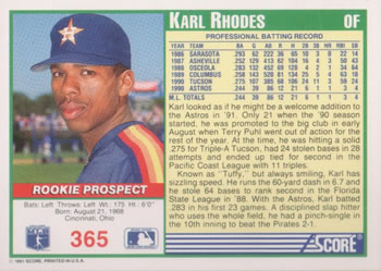 1991 Score #365 Karl Rhodes Back