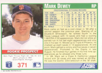 1991 Score #371 Mark Dewey Back