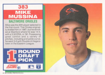 1991 Score #383 Mike Mussina Back