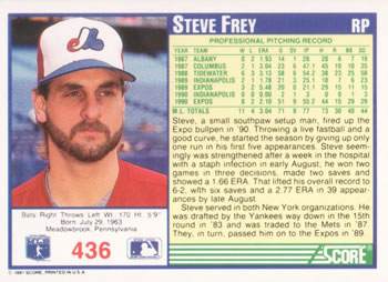 1991 Score #436 Steve Frey Back