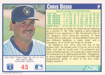 1991 Score #43 Chris Bosio Back