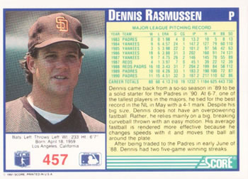 1991 Score #457 Dennis Rasmussen Back