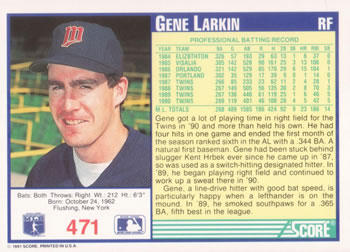 1991 Score #471 Gene Larkin Back