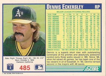 1991 Score #485 Dennis Eckersley Back