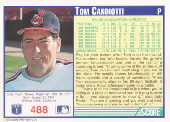 1991 Score #488 Tom Candiotti Back
