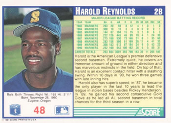 1991 Score #48 Harold Reynolds Back