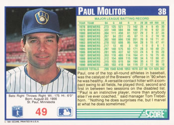 1991 Score #49 Paul Molitor Back