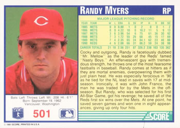 1991 Score #501 Randy Myers Back