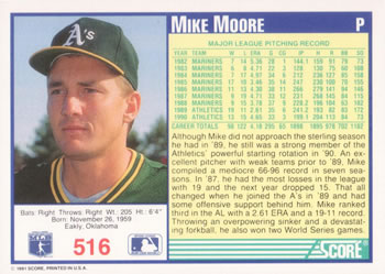 1991 Score #516 Mike Moore Back
