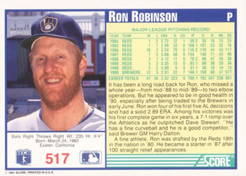 1991 Score #517 Ron Robinson Back