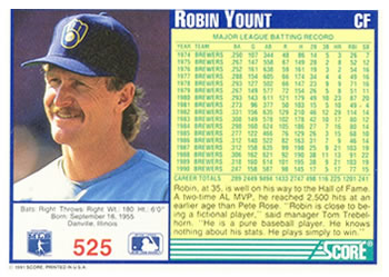1991 Score #525 Robin Yount Back