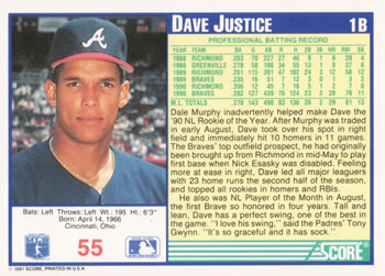 1991 Score #55 Dave Justice Back
