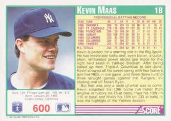 1991 Score #600 Kevin Maas Back