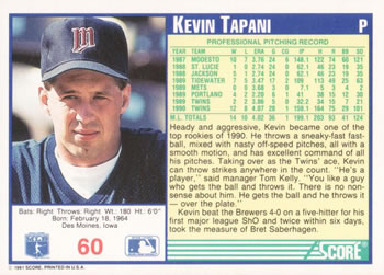 1991 Score #60 Kevin Tapani Back