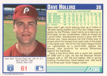 1991 Score #61 Dave Hollins Back
