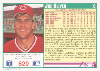 1991 Score #620 Joe Oliver Back