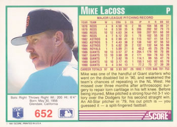 1991 Score #652 Mike LaCoss Back