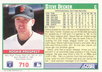 1991 Score #710 Steve Decker Back