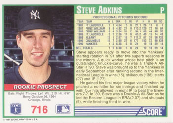 1991 Score #716 Steve Adkins Back
