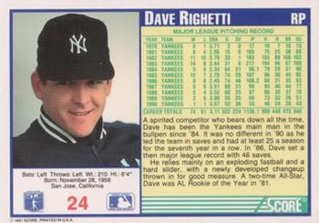 1991 Score #24 Dave Righetti Back