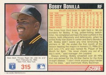 1991 Score #315 Bobby Bonilla Back
