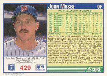 1991 Score #429 John Moses Back