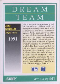 1991 Score #441 Jose Canseco Back